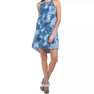 New Cynthia Rowley Linen Tie Dye Print Hi-Low Halter Mini Dress Blue White XS